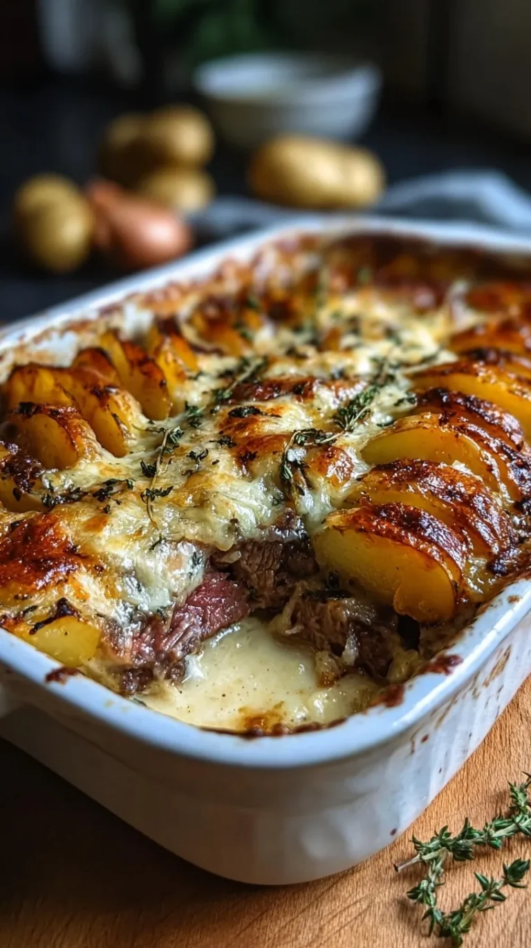A bubbling 9x13 dish of Cheesy Steak & Potato Bake with golden melted cheddar cheese and tender steak pieces.