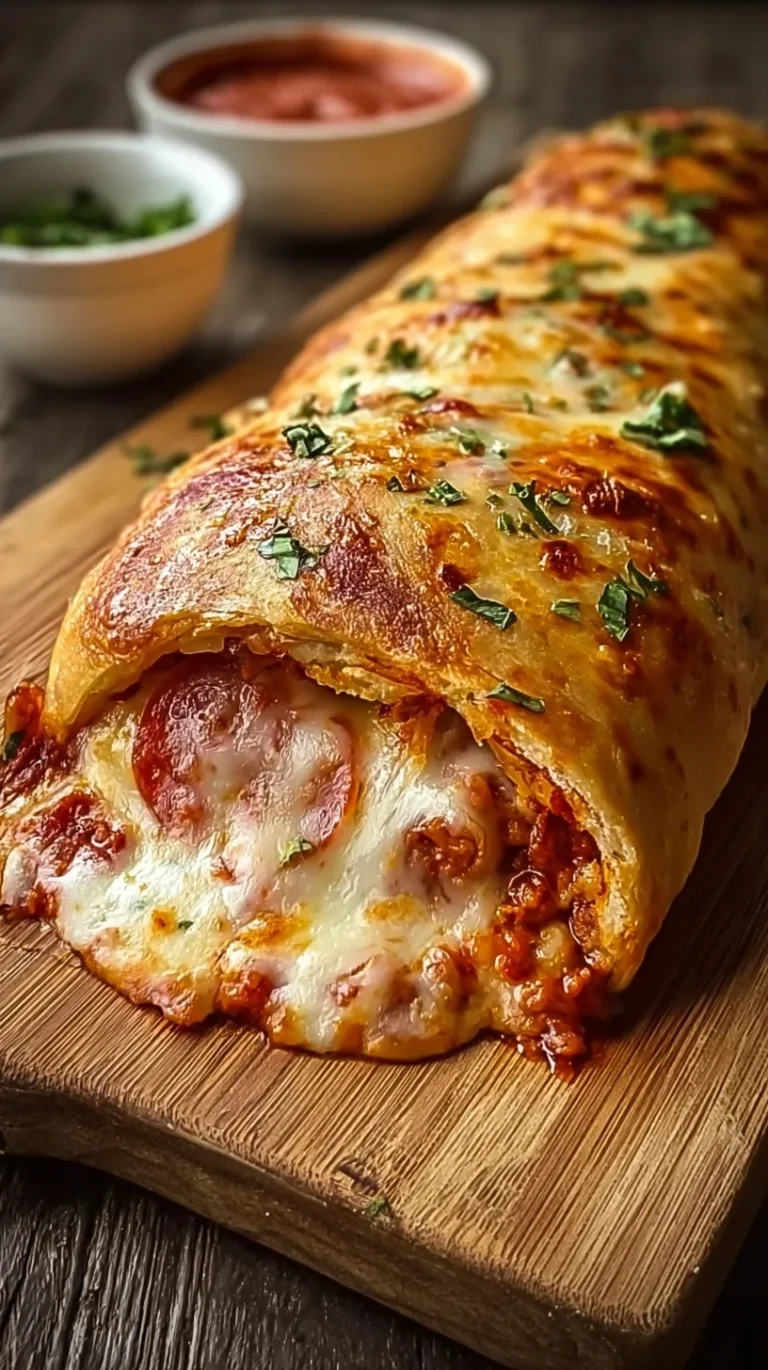 Golden brown baked stromboli sliced on a wooden board with dipping sauce