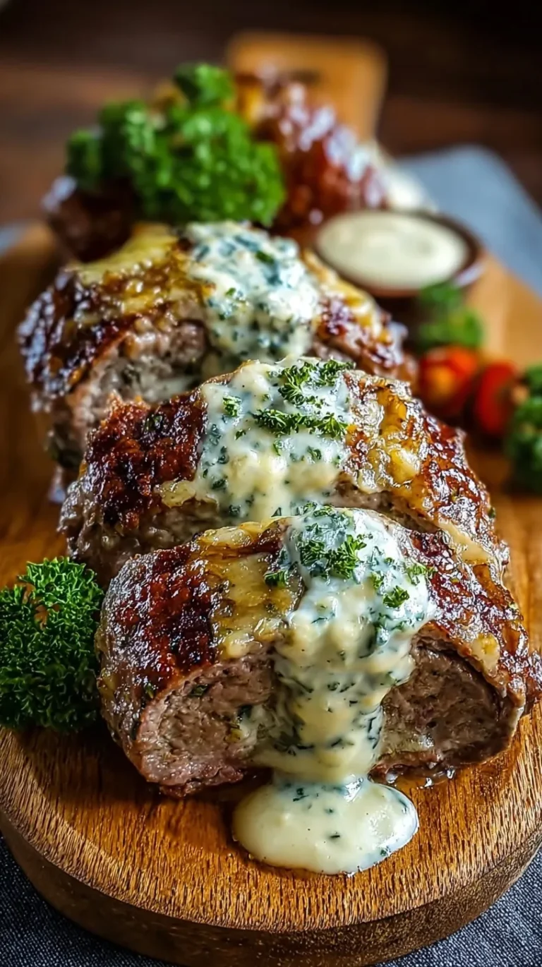 Seared beef rolls stuffed with cheese and spinach in a creamy white herb sauce in a skillet.