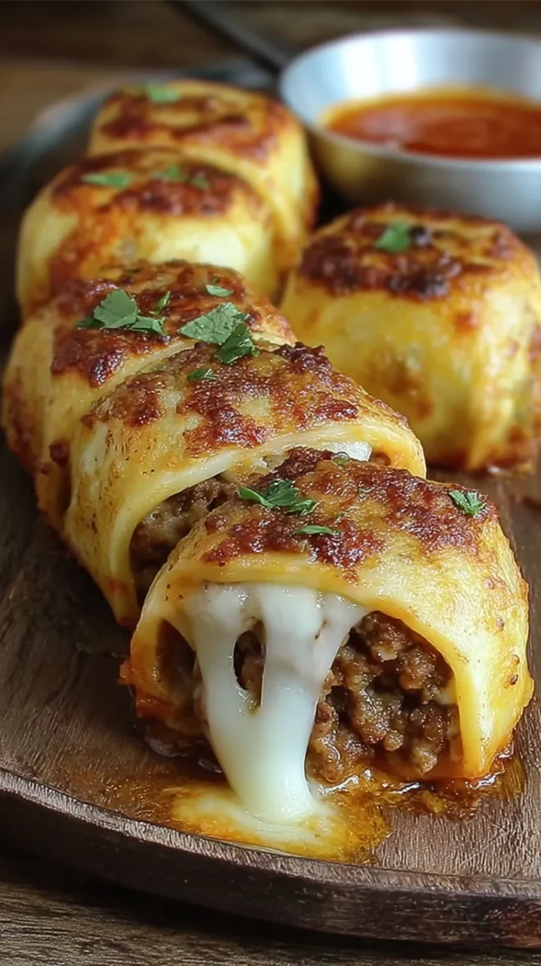 Golden brown pizza rolls stuffed with meat and melted mozzarella cheese on a baking sheet.