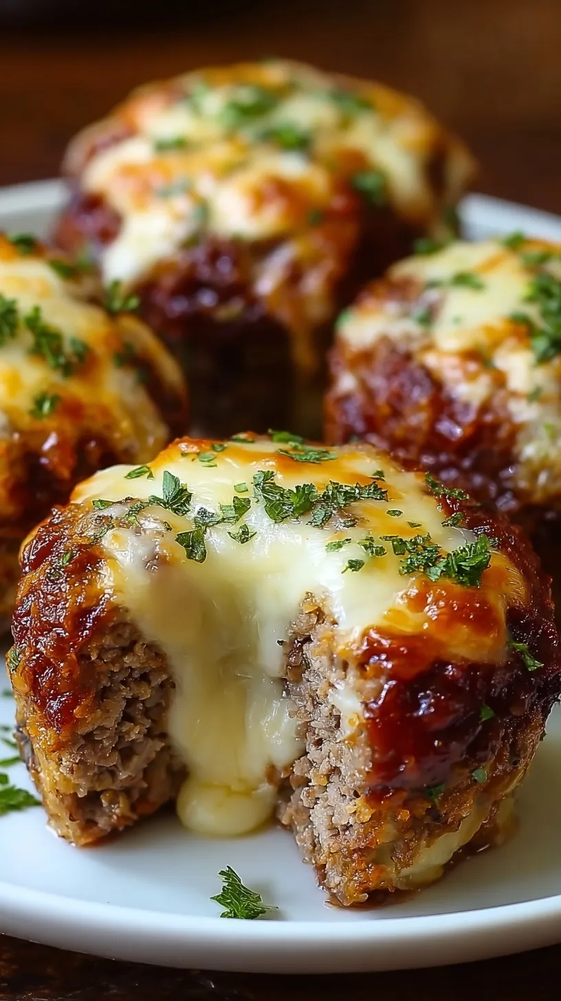 A tray of Cheesy Stuffed Meatloaf Muffins with a glossy red glaze and melted cheese inside.