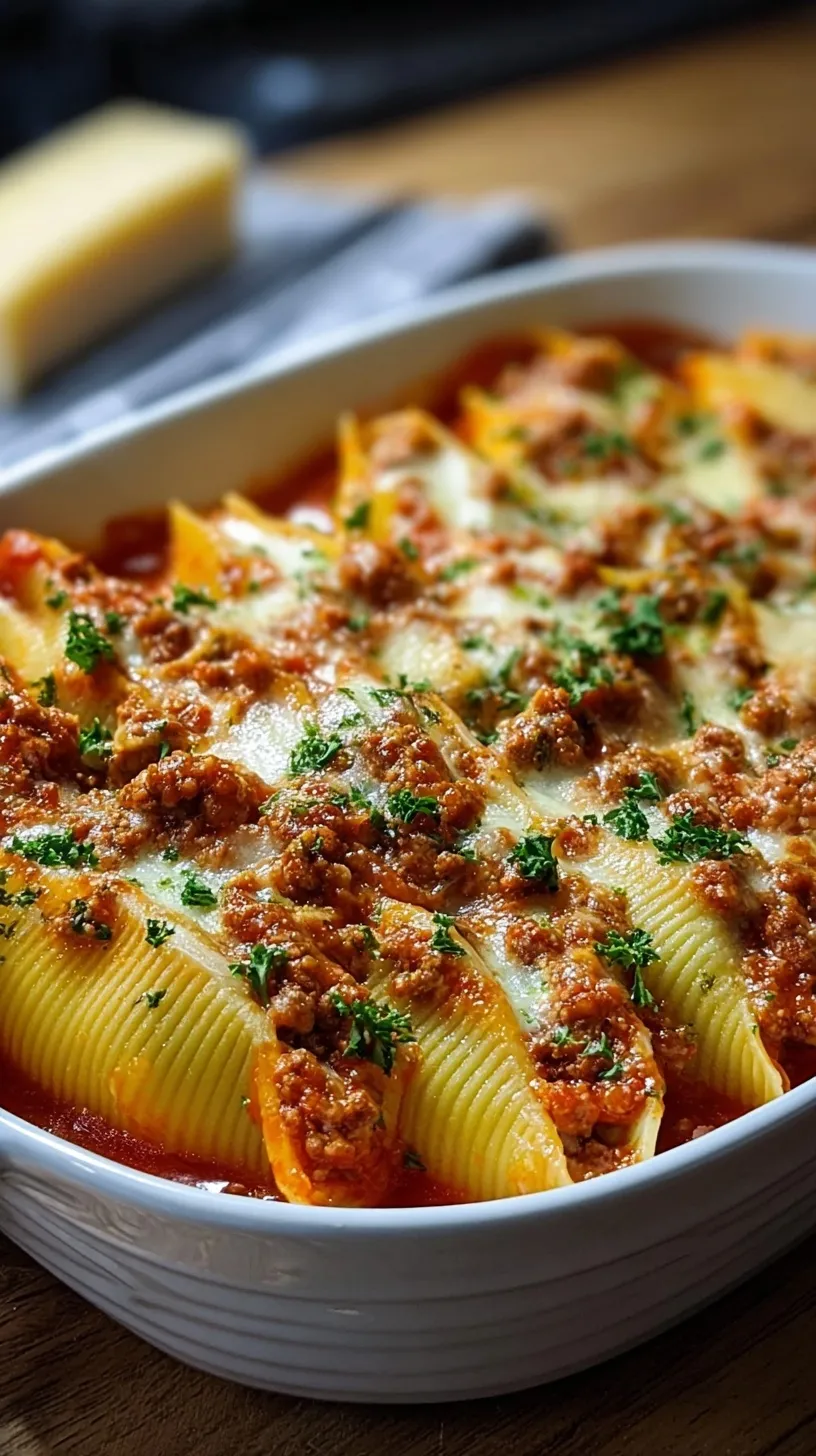A baking dish filled with jumbo pasta shells stuffed with cheese and covered in meat sauce and melted mozzarella.