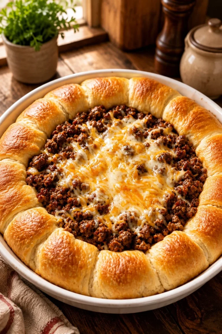 Cheesy taco crescent pie topped with melted cheese and fresh toppings