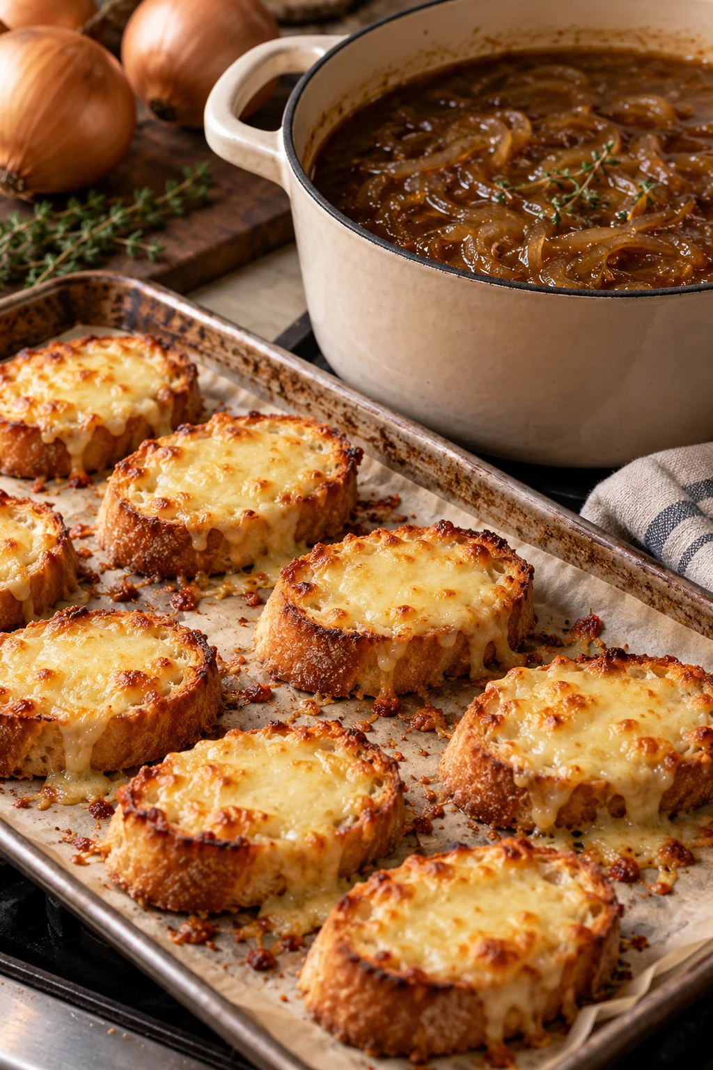 Toasted baguette slices topped with melted Gruyère cheese