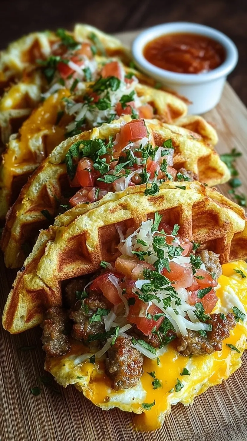 A row of cheddar-infused waffle tacos filled with scrambled eggs and crumbled breakfast sausage.
