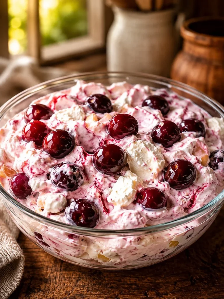 Delicious Cherry Cheesecake Fluff dessert served in a bowl with cherries on top.