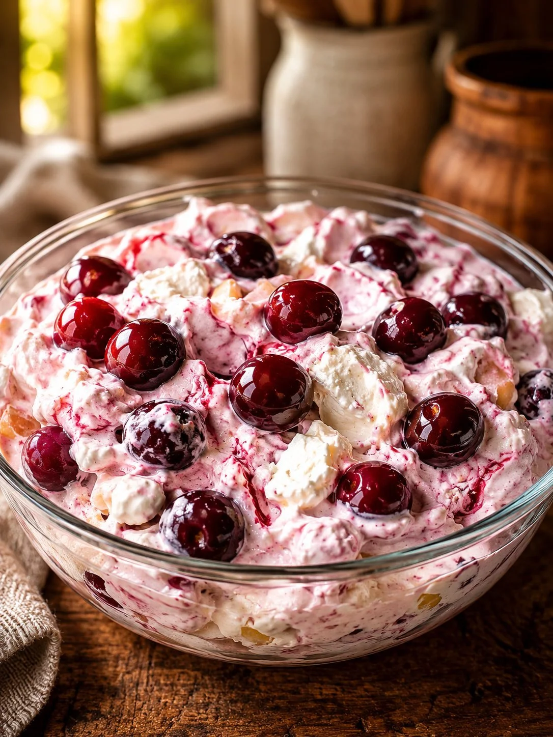 Delicious Cherry Cheesecake Fluff dessert served in a bowl with cherries on top.