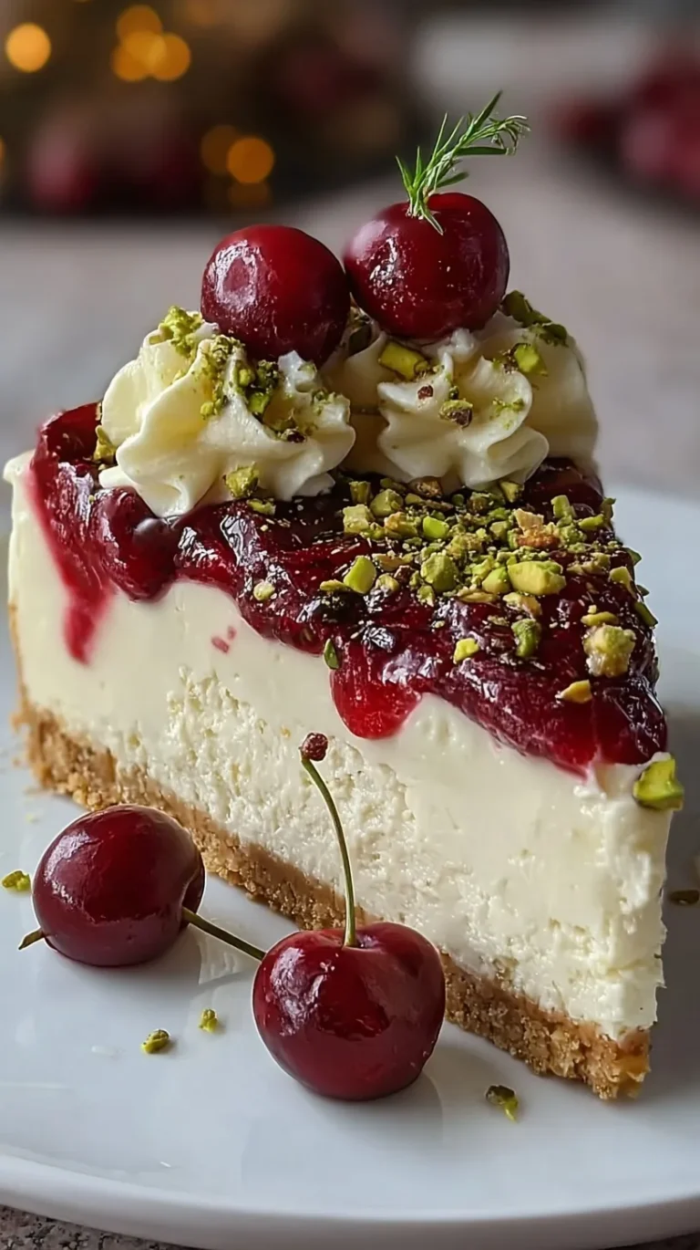A creamy pistachio cheesecake topped with bright red cherry glaze and chopped pistachios on a white plate.