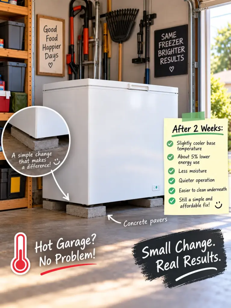Chest freezer raised on concrete pavers in a hot garage, showing a simple setup that may reduce heat, moisture, and energy use.