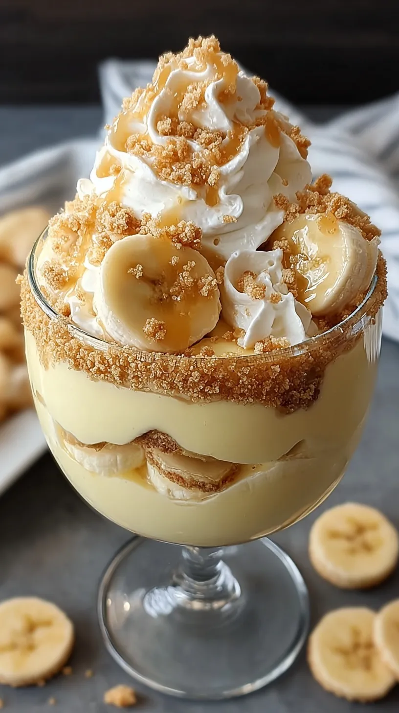 Large glass dish filled with layers of vanilla wafers, sliced bananas, and creamy pudding