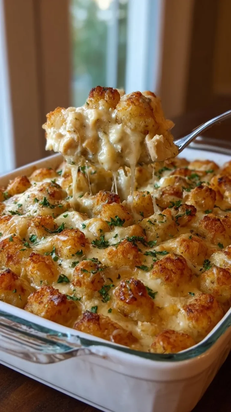 A bubbly dish of Chicken Alfredo Tater Tot Casserole topped with melted cheese and fresh parsley.