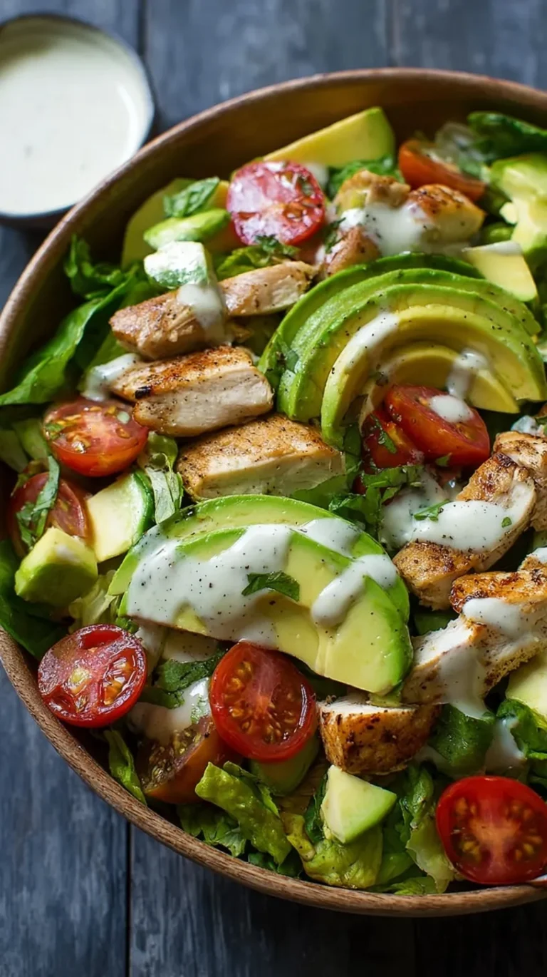 A fresh Chicken and Avocado Salad topped with creamy lime dressing in a white bowl.
