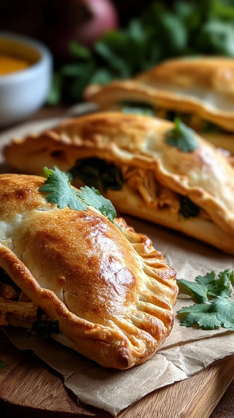 A golden-brown baked calzone sliced open to reveal a creamy chicken curry filling with peas and melted cheese.