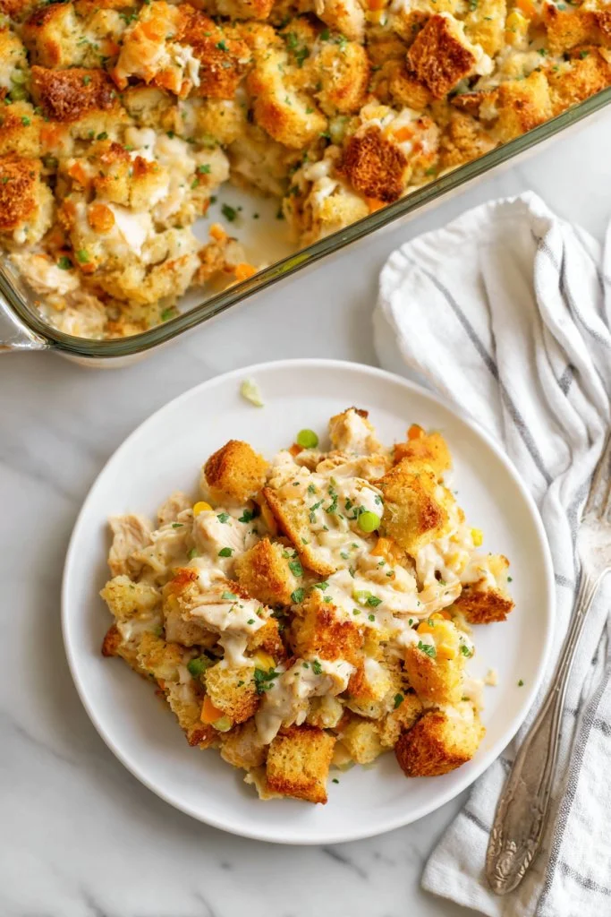 Chicken and Dressing Casserole topped with herbs and golden brown crust