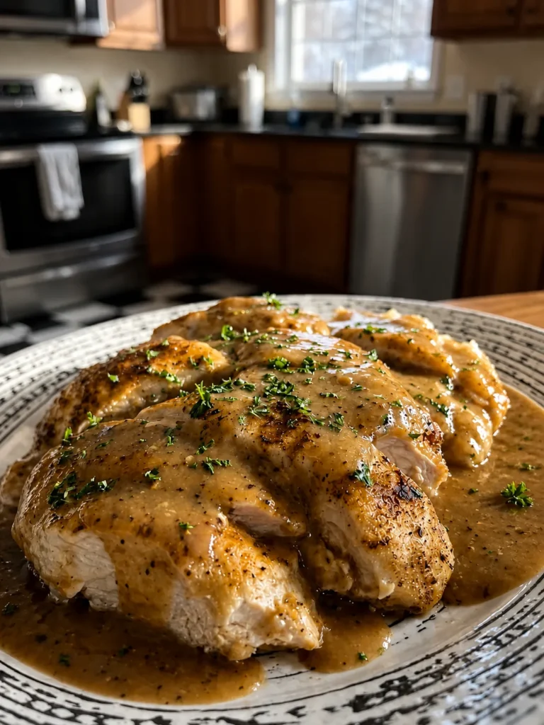 Juicy chicken breasts covered in rich homemade gravy on a plate