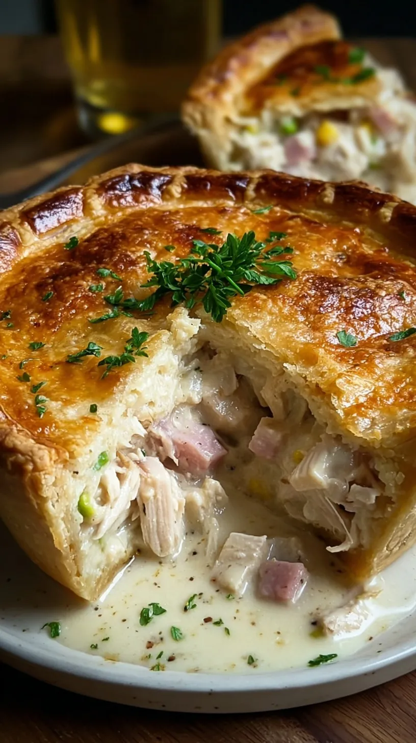 A golden brown chicken and ham pie in a ceramic dish with a slice taken out.