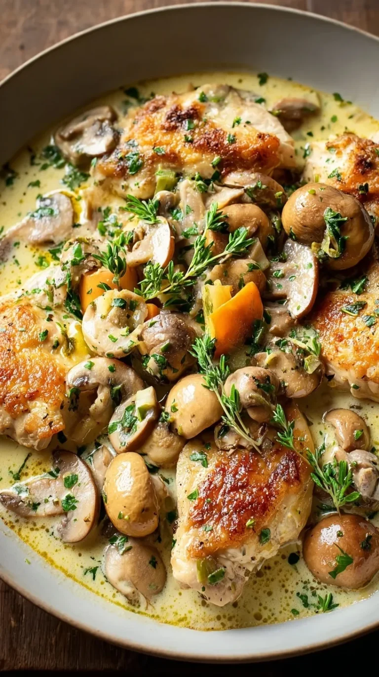 A bowl of creamy chicken blanquette with mushrooms and carrots over white rice