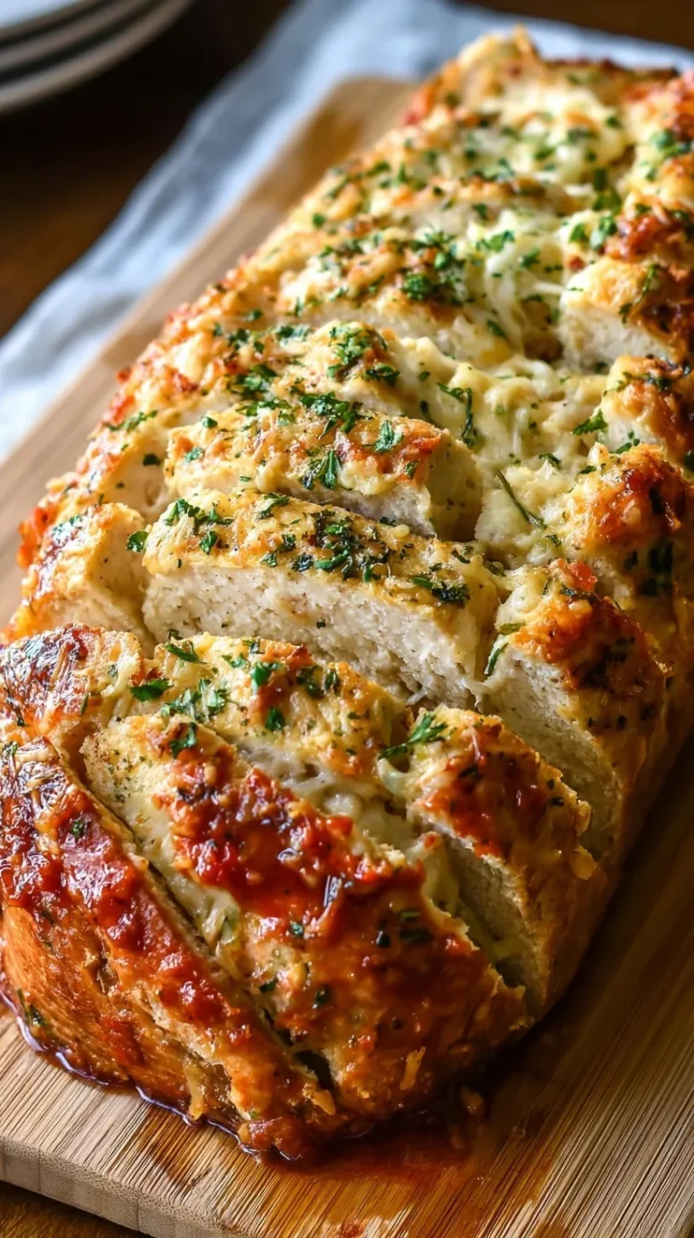 A golden brown braided Garlic Parmesan Chicken Bread sliced on a wooden board
