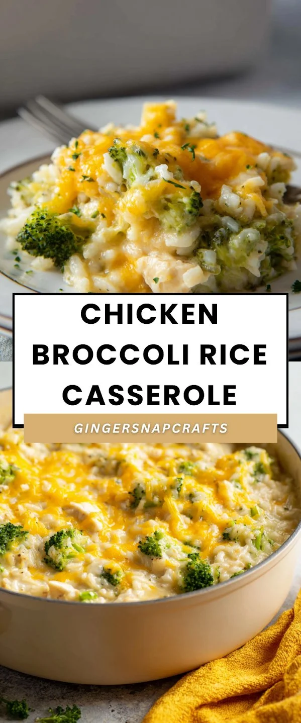 Delicious Chicken Broccoli Rice Casserole topped with cheese in a baking dish
