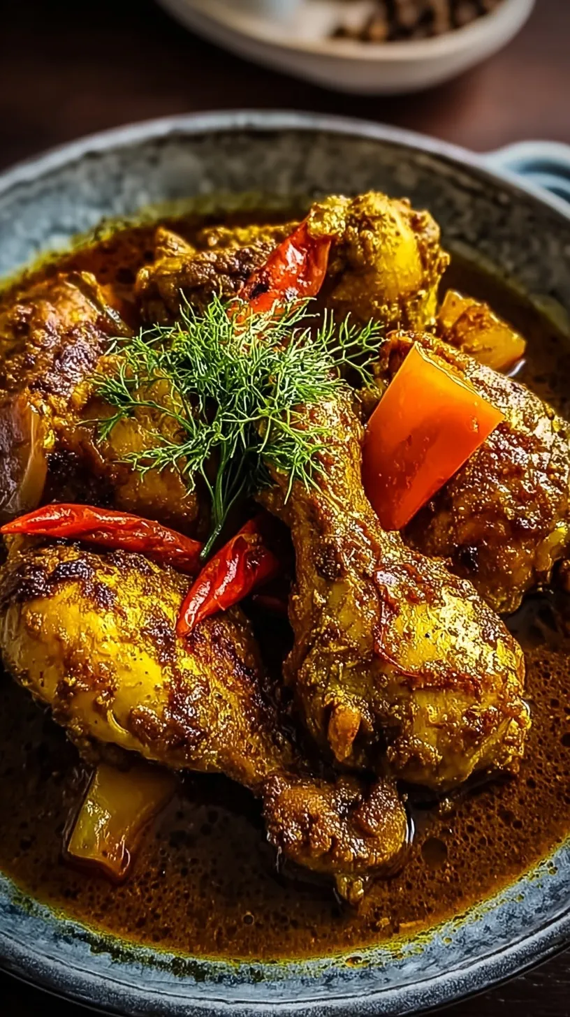 A hearty bowl of yellow Chicken Colombo stew with potatoes and eggplant over white rice.