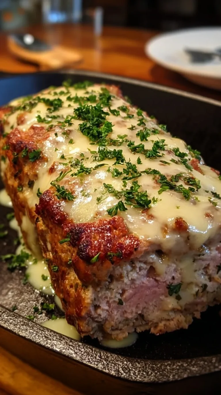 A sliced Chicken Cordon Bleu Meatloaf showing layers of ham and melted Swiss cheese inside.