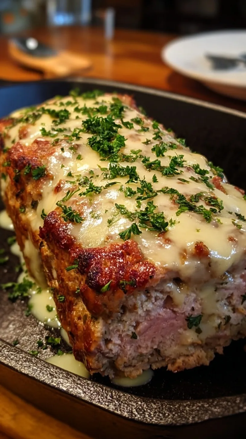 A sliced Chicken Cordon Bleu Meatloaf showing layers of ham and melted Swiss cheese inside.