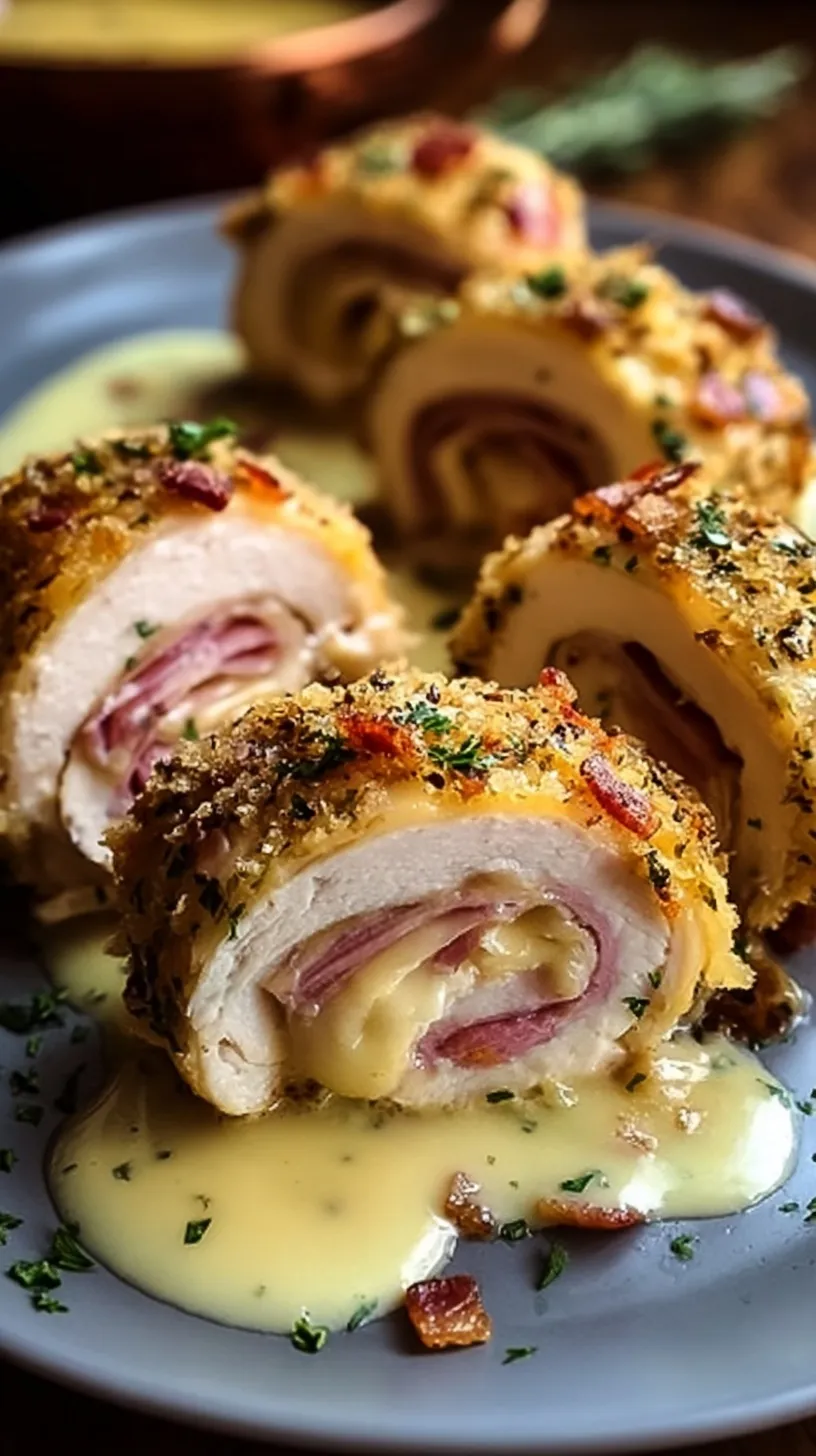 Golden brown breaded chicken roll-ups sliced to show melted cheese and ham inside with creamy sauce.