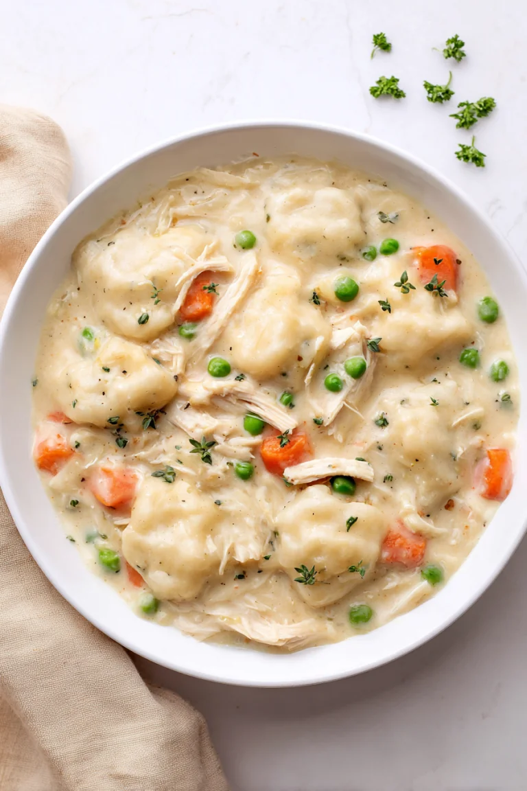 A bowl of creamy chicken and dumplings with carrots and herbs