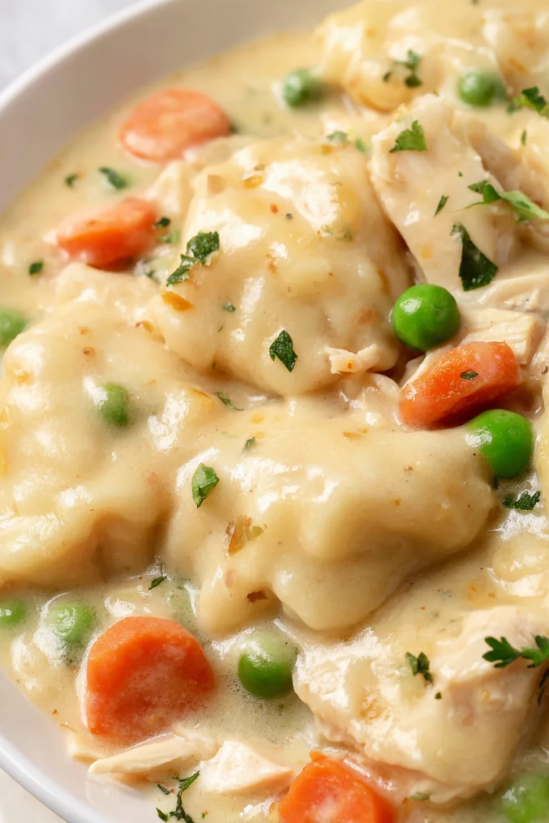 Soft dumplings with shredded chicken, carrots and peas in creamy broth