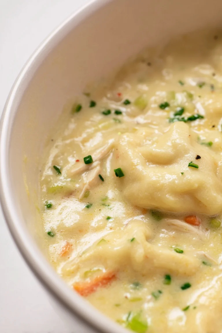 Chicken, vegetables and dumplings in a creamy pot of broth