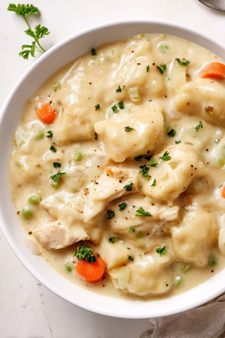 Chicken and homemade dumplings served in a bowl with carrots and parsley
