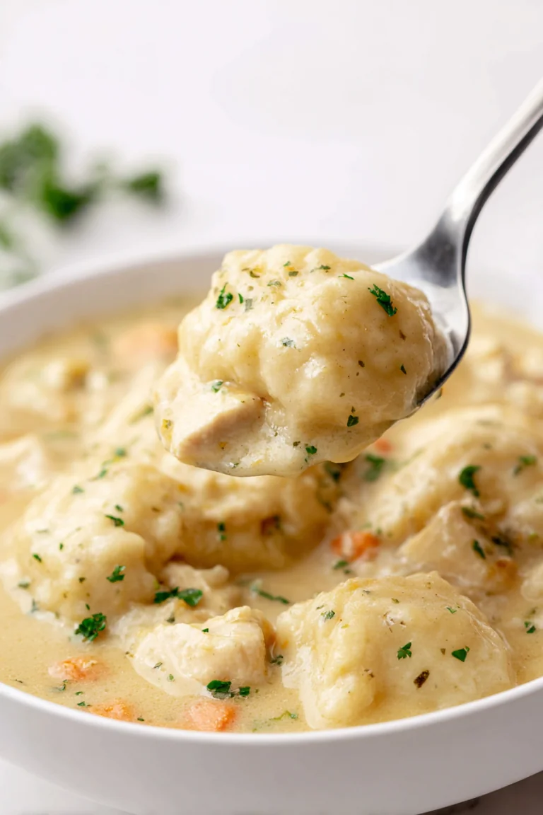 A spoon holding a cooked dumpling above a bowl of chicken stew