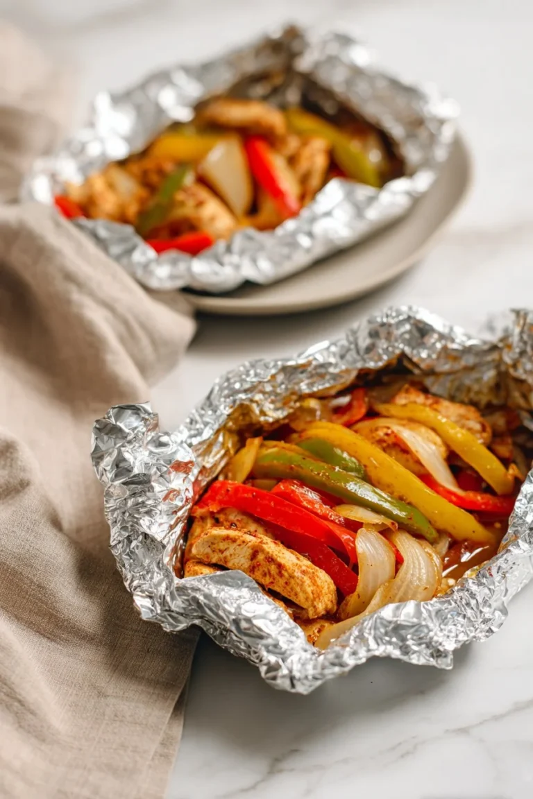 Chicken fajita foil packets ready for cooking, filled with chicken and vegetables