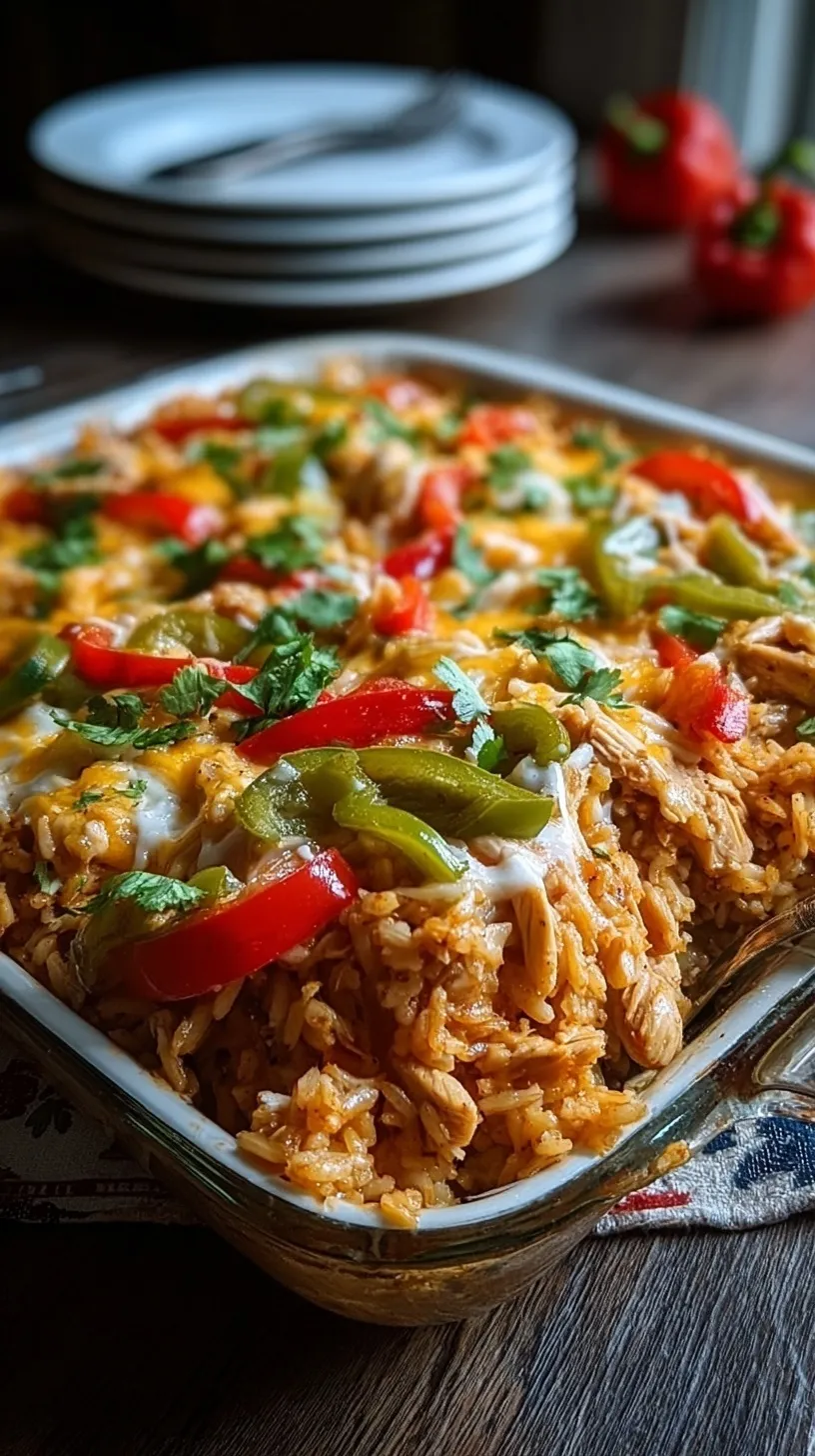 A cheesy Chicken Fajita Rice Casserole in a glass baking dish with peppers.