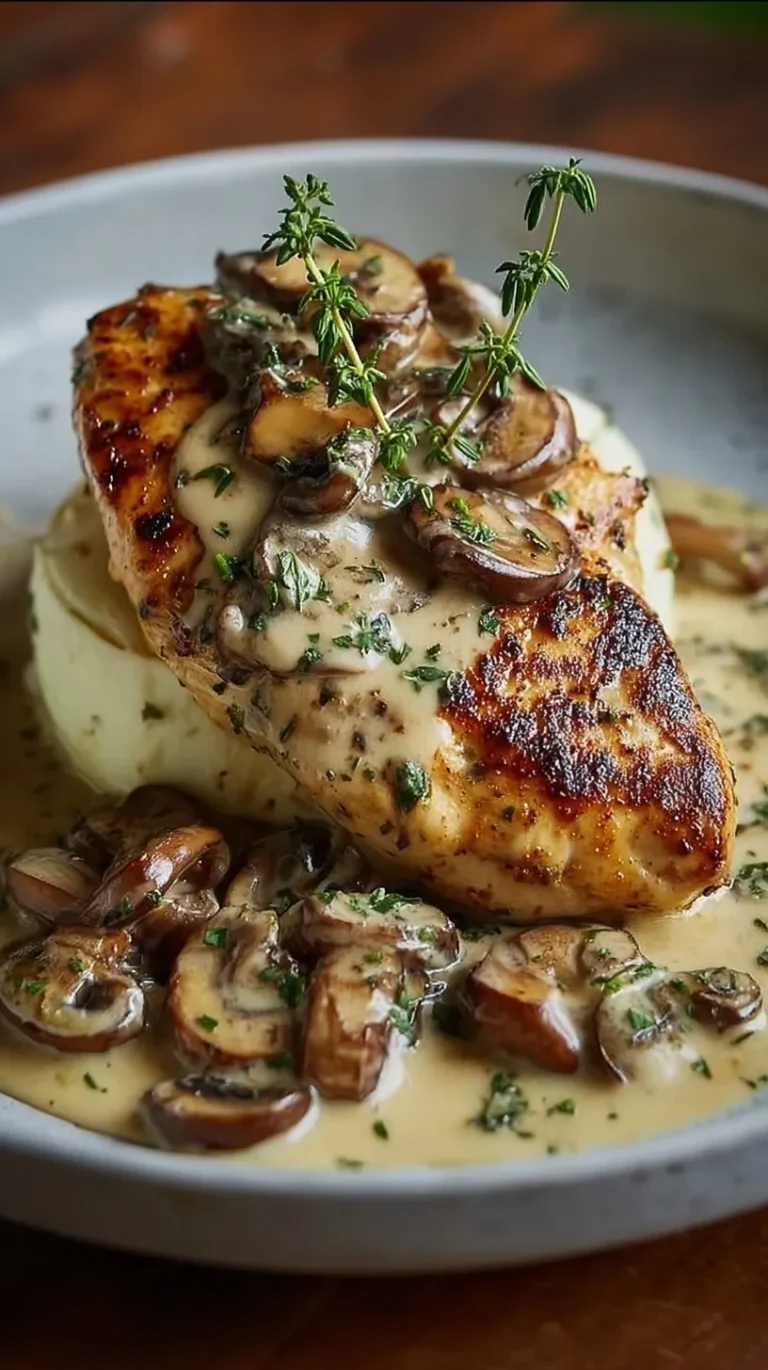 Pan-seared chicken fillets smothered in a thick, creamy mushroom and garlic sauce in a skillet.
