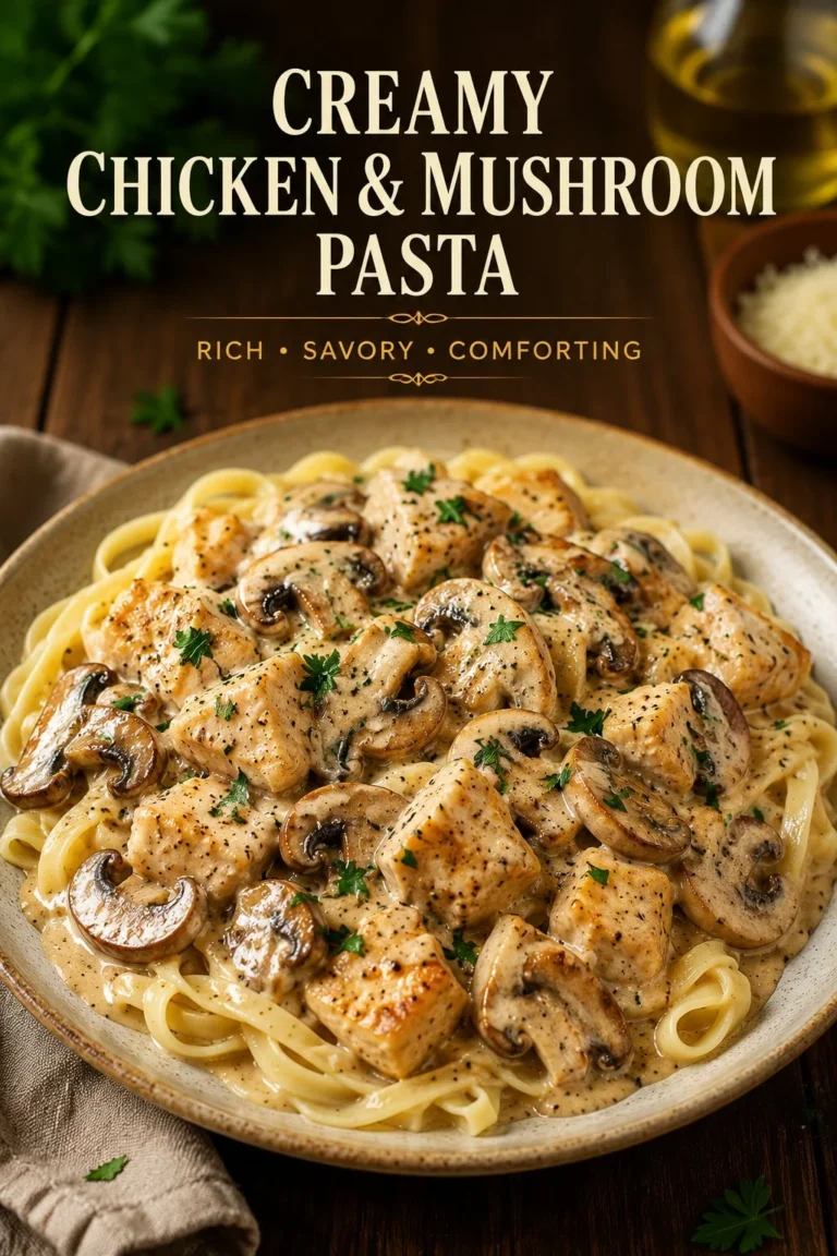 Delicious Chicken Mushroom Stroganoff served in a creamy sauce with herbs