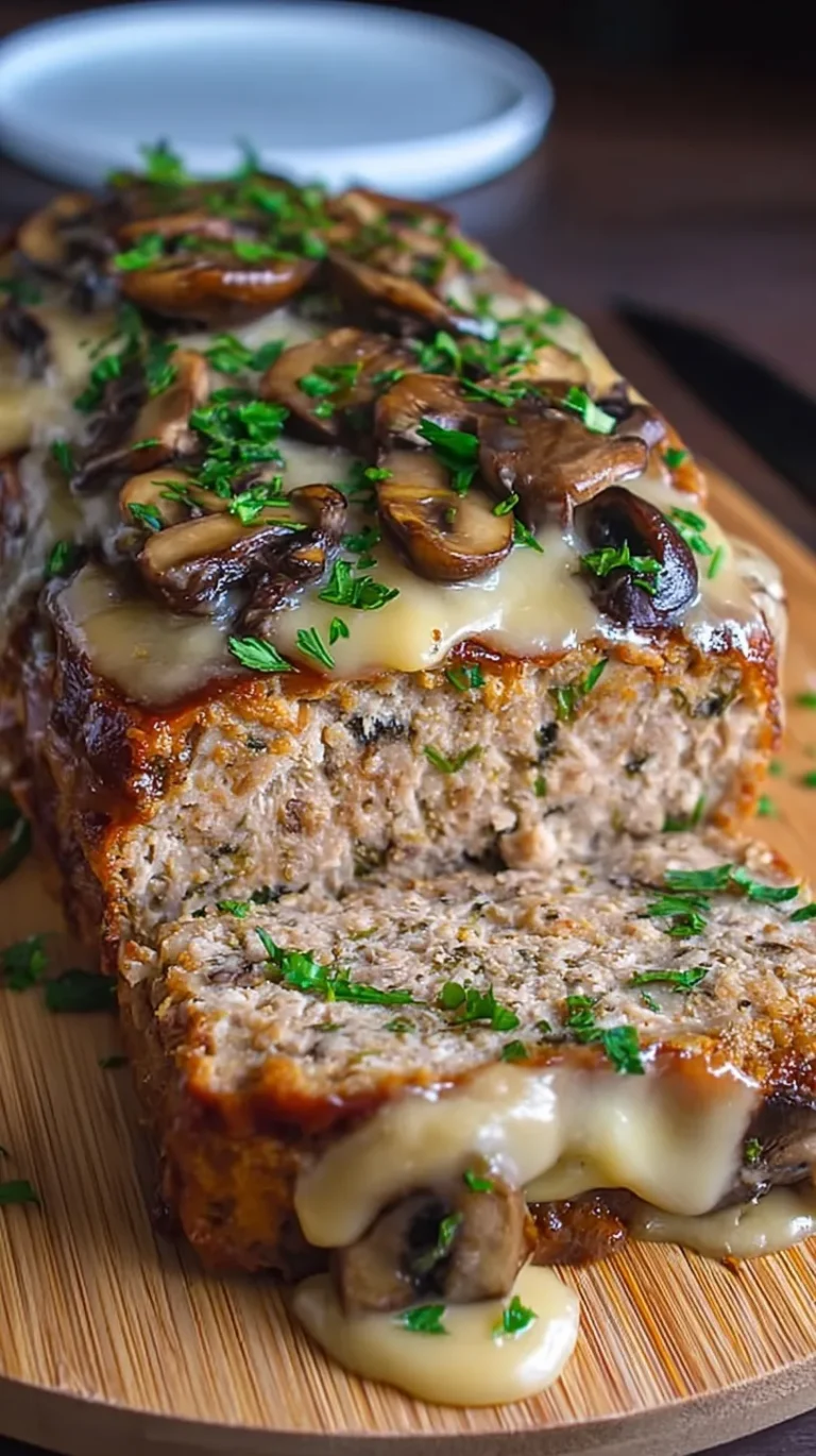 A sliced Chicken Mushroom Swiss Meatloaf in a loaf pan with melted cheese on top