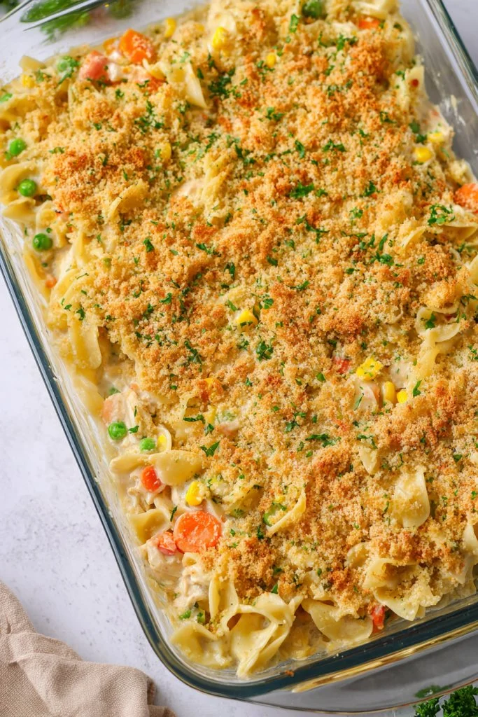 Delicious Chicken Noodle Casserole ready to be served in a baking dish.