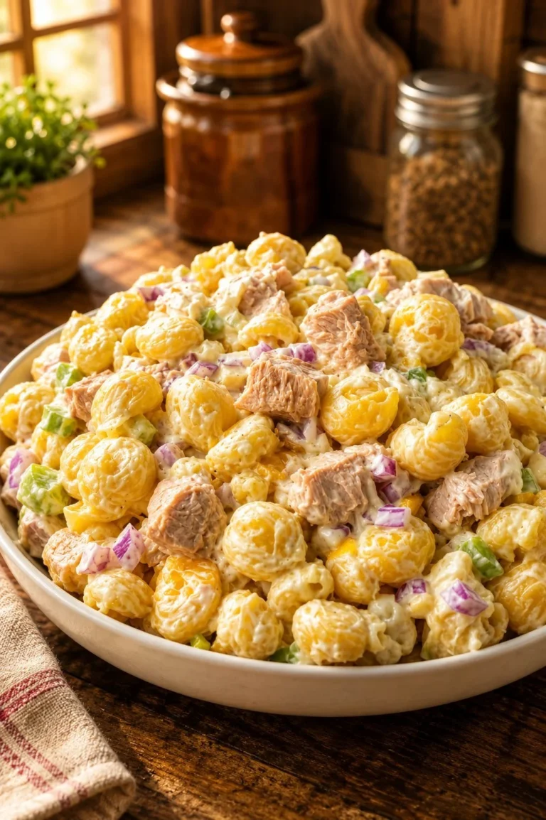 Delicious Chicken Pasta Salad with fresh vegetables and dressing.