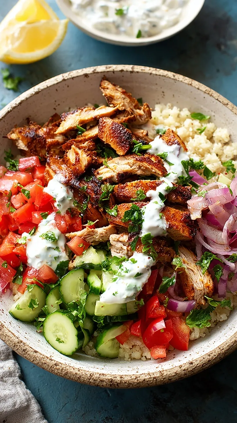Chicken Shawarma Bowls with turmeric rice, fresh vegetables, and tahini sauce