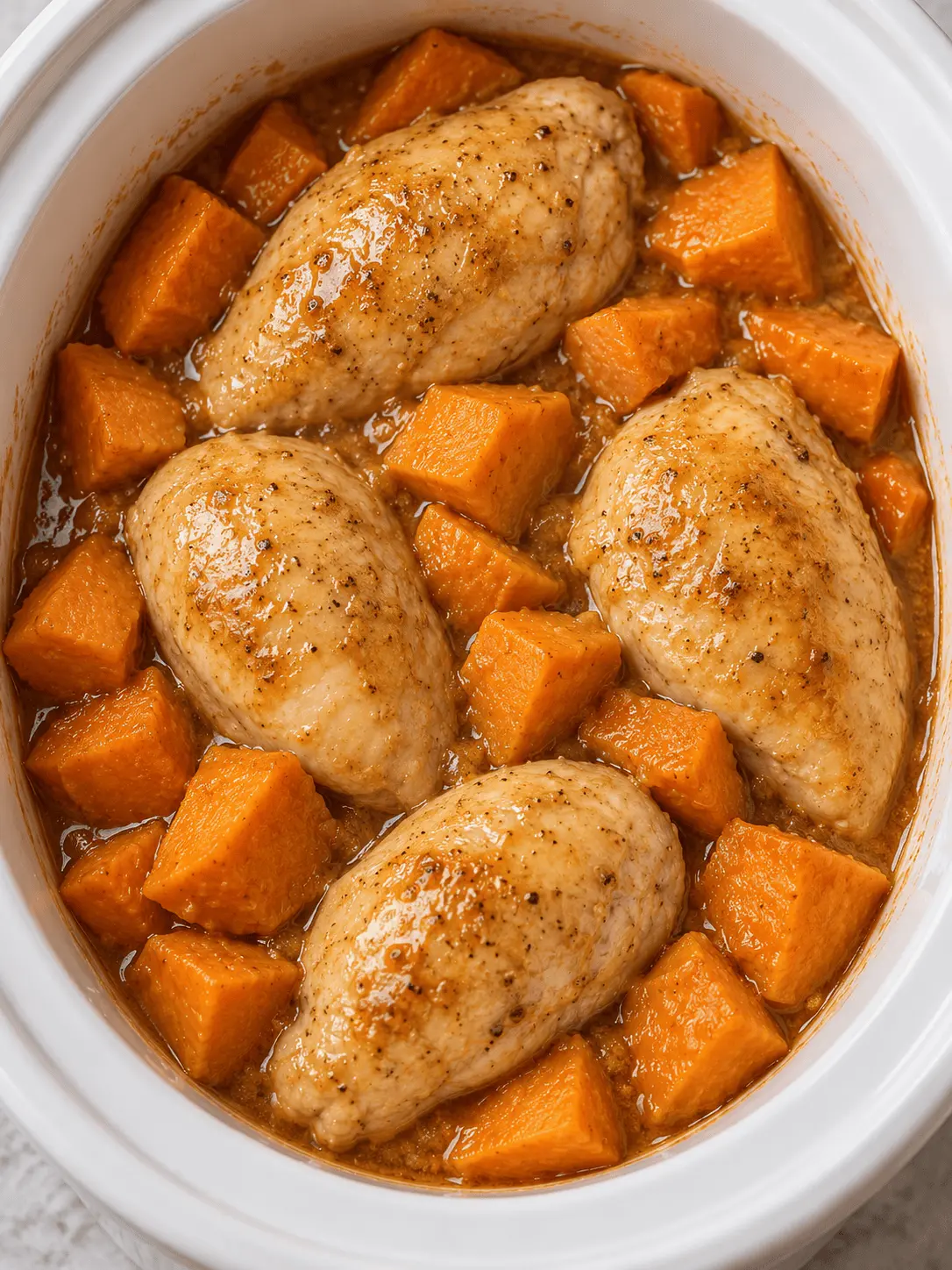 Cooked chicken breasts and sweet potato chunks in a slow cooker