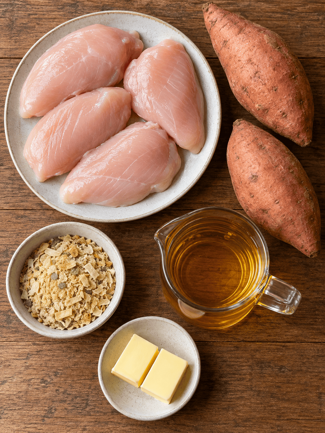 Chicken breasts, sweet potatoes, onion soup mix, apple juice and butter