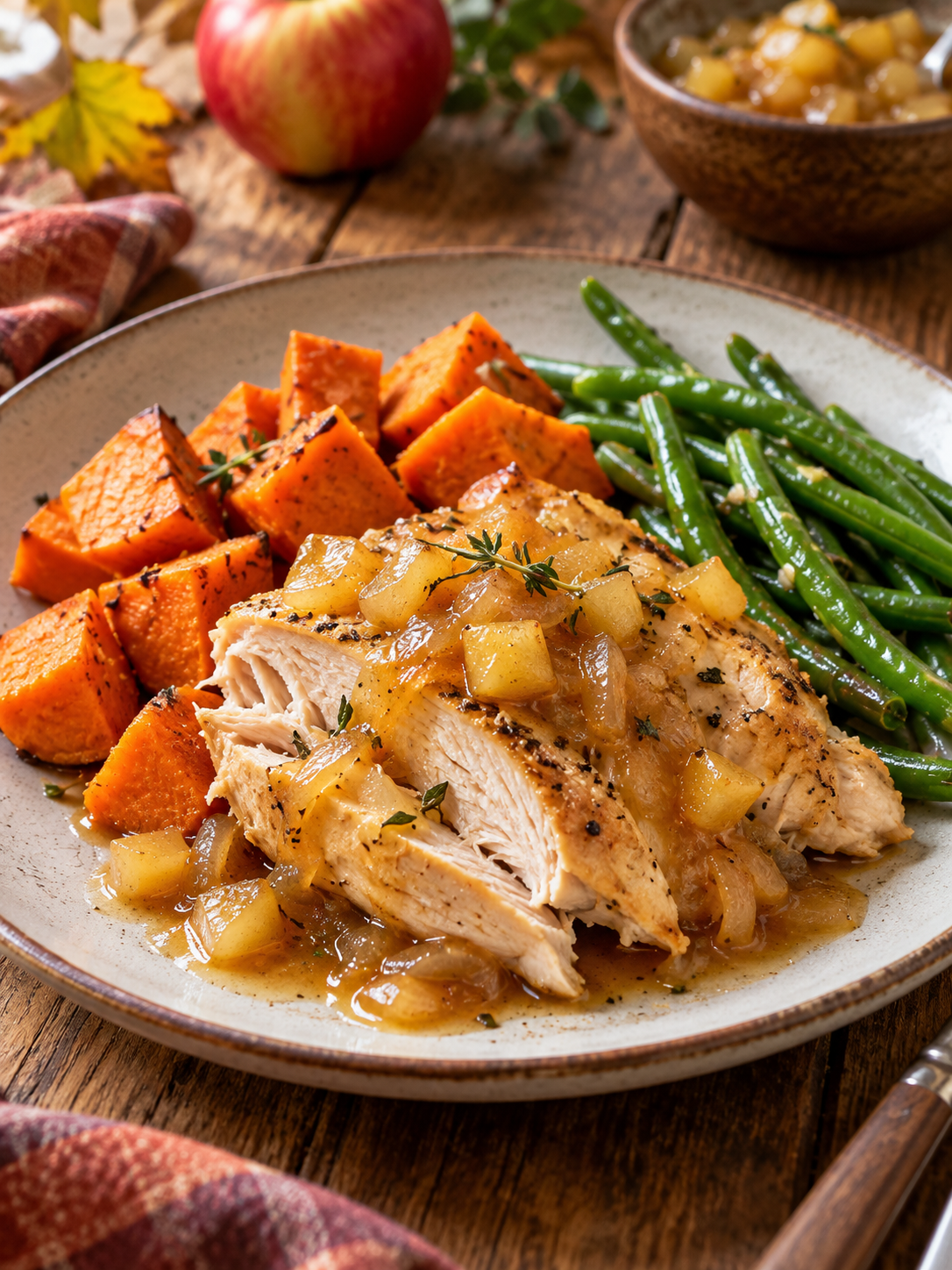 Plated slow cooker chicken and sweet potatoes with green beans