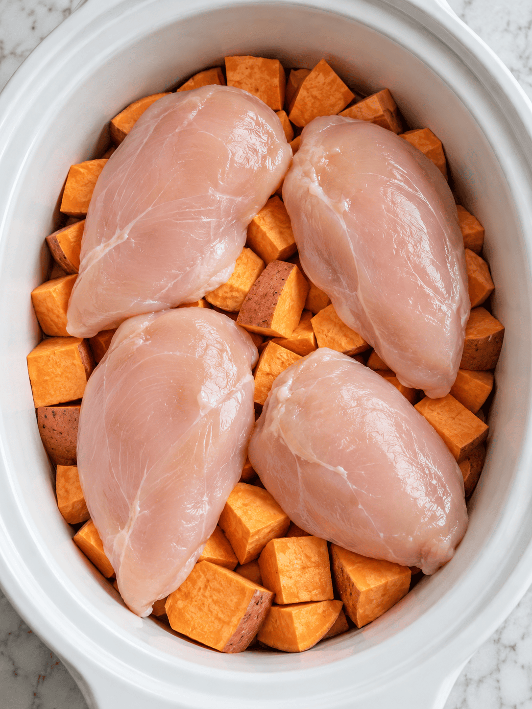 Raw chicken breasts arranged over sweet potato chunks in a slow cooker