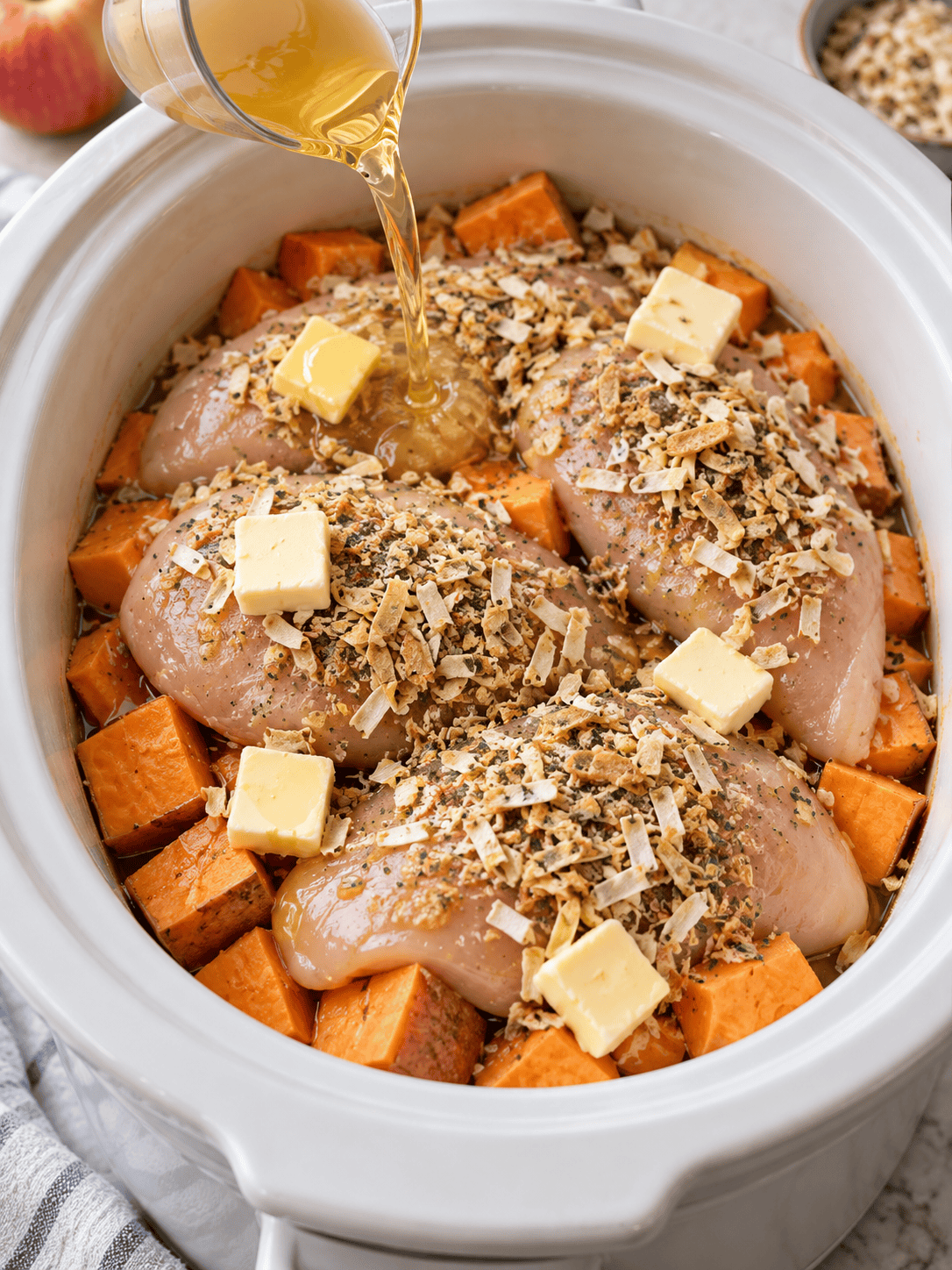 Apple juice poured over seasoned chicken and sweet potatoes with butter
