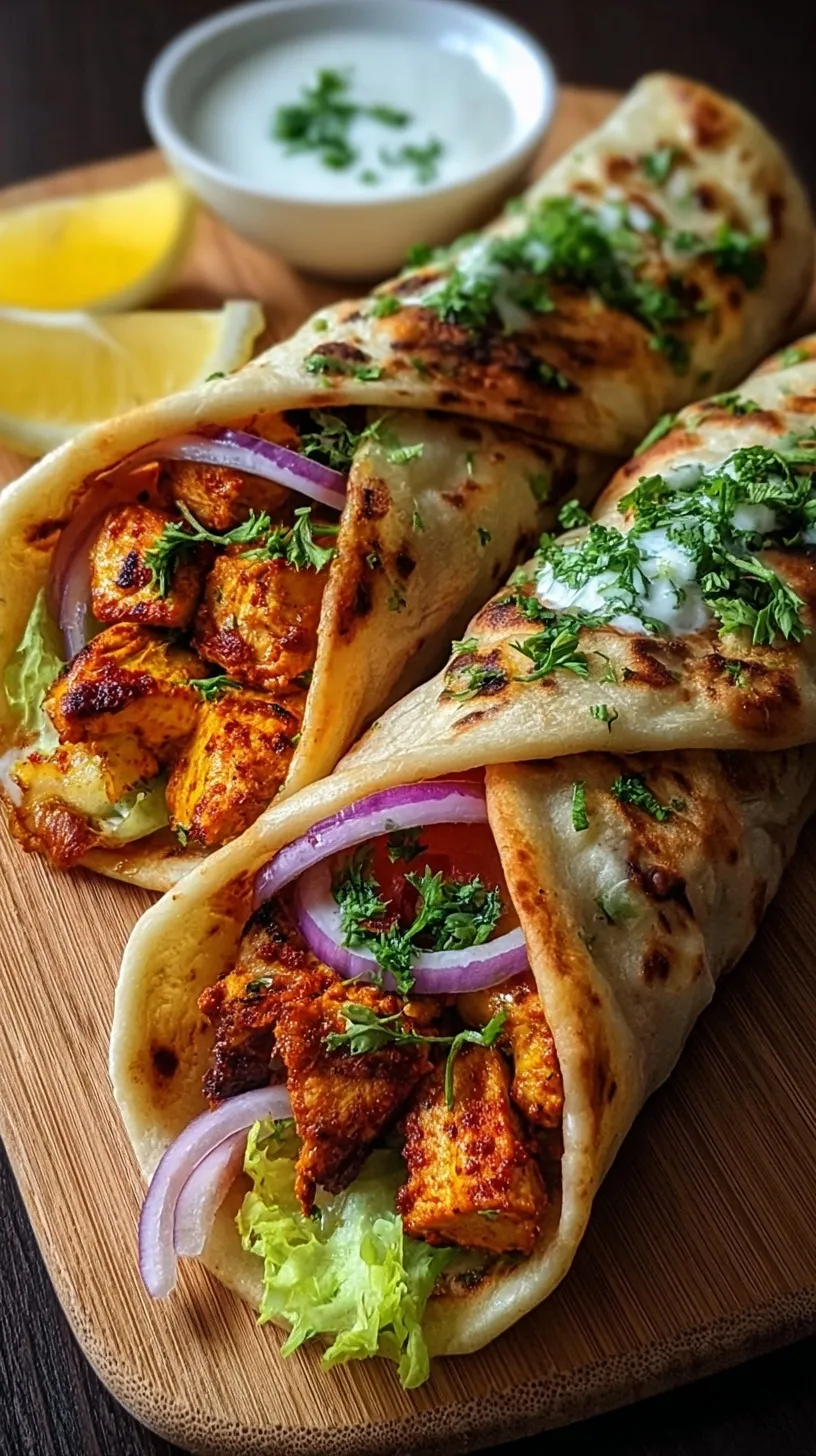 A hand holding a wrapped Chicken Tikka Kathi Roll with visible charred chicken and red onions