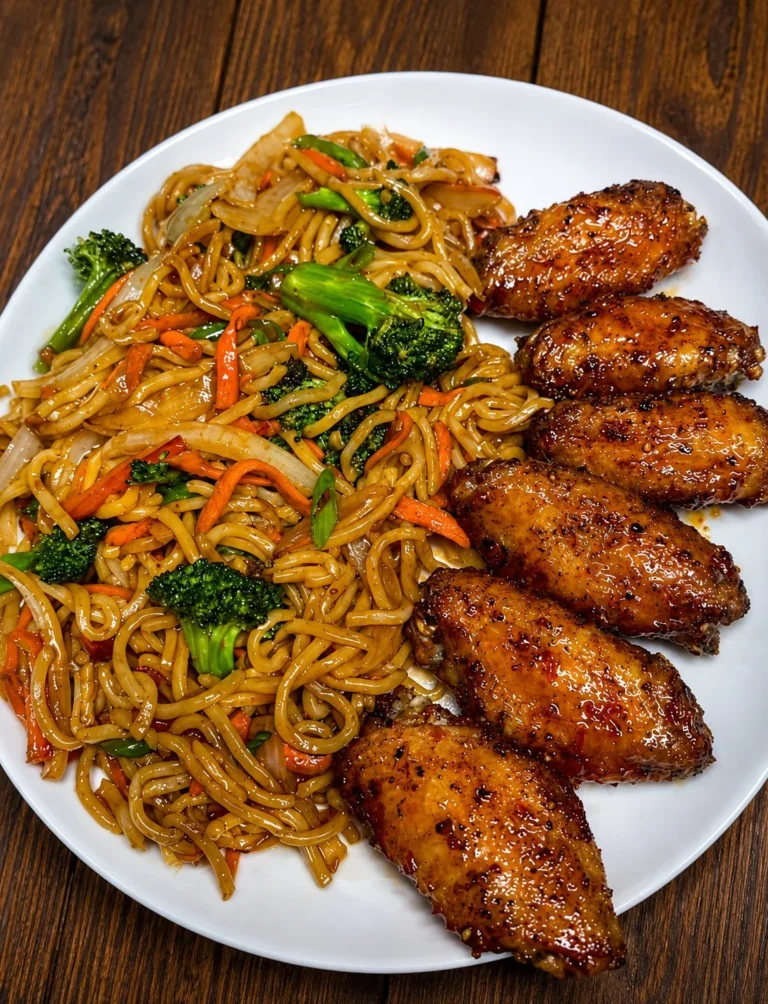 Plate of chicken wings served with spicy stir fried noodles