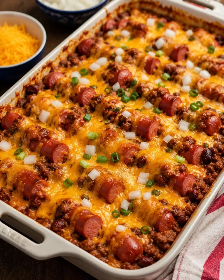 Delicious Chili Cheese Dog Casserole topped with melted cheese and chili