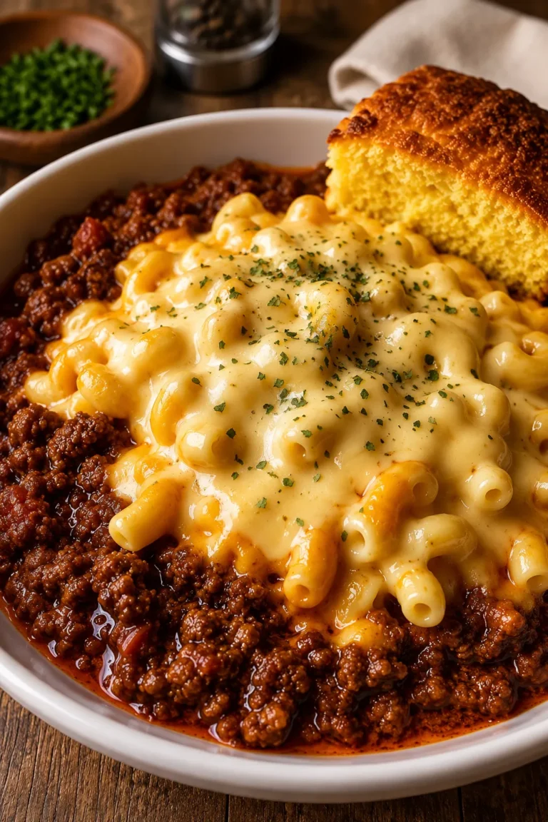 Chili Mac & Cheese Bowl topped with creamy cheddar macaroni, hearty beef chili, parsley, and cornbread.