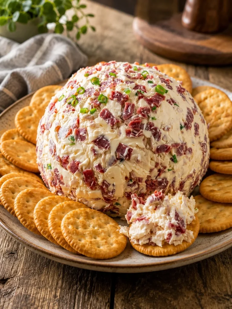 Chipped Beef Cheese Ball served with crackers and vegetables